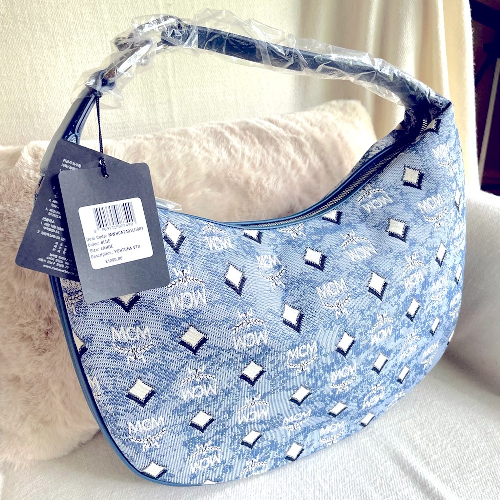 NWT MCM large Portuna in Blue canvas and leather